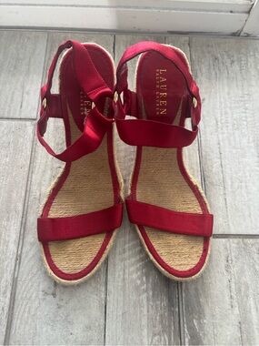 Lauren Ralph Lauren Red Fabric Espadrille Wedge Sandals with Ankle Strap